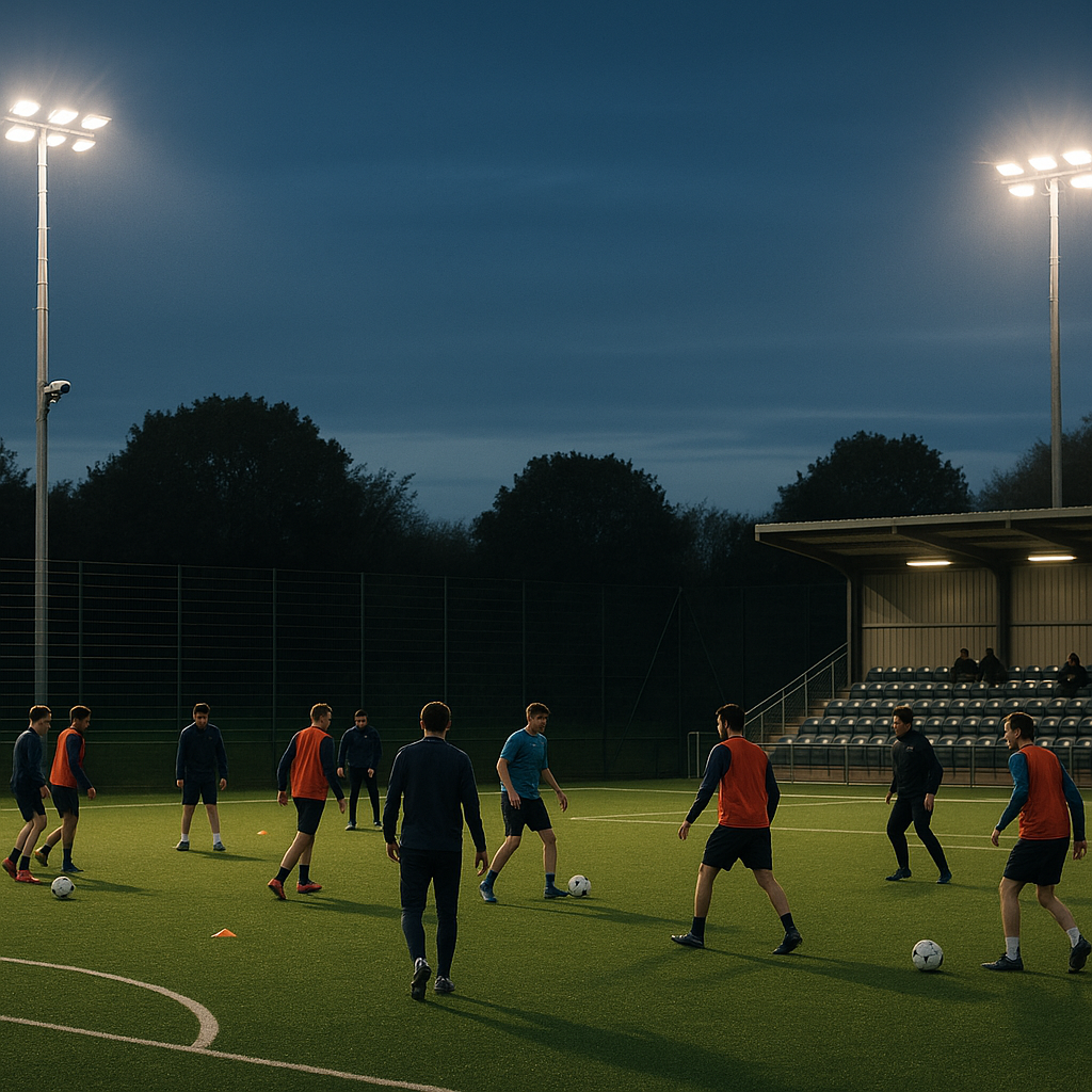Modern community pitch with smart lighting and cameras illustrating sports tech transforming grassroots football