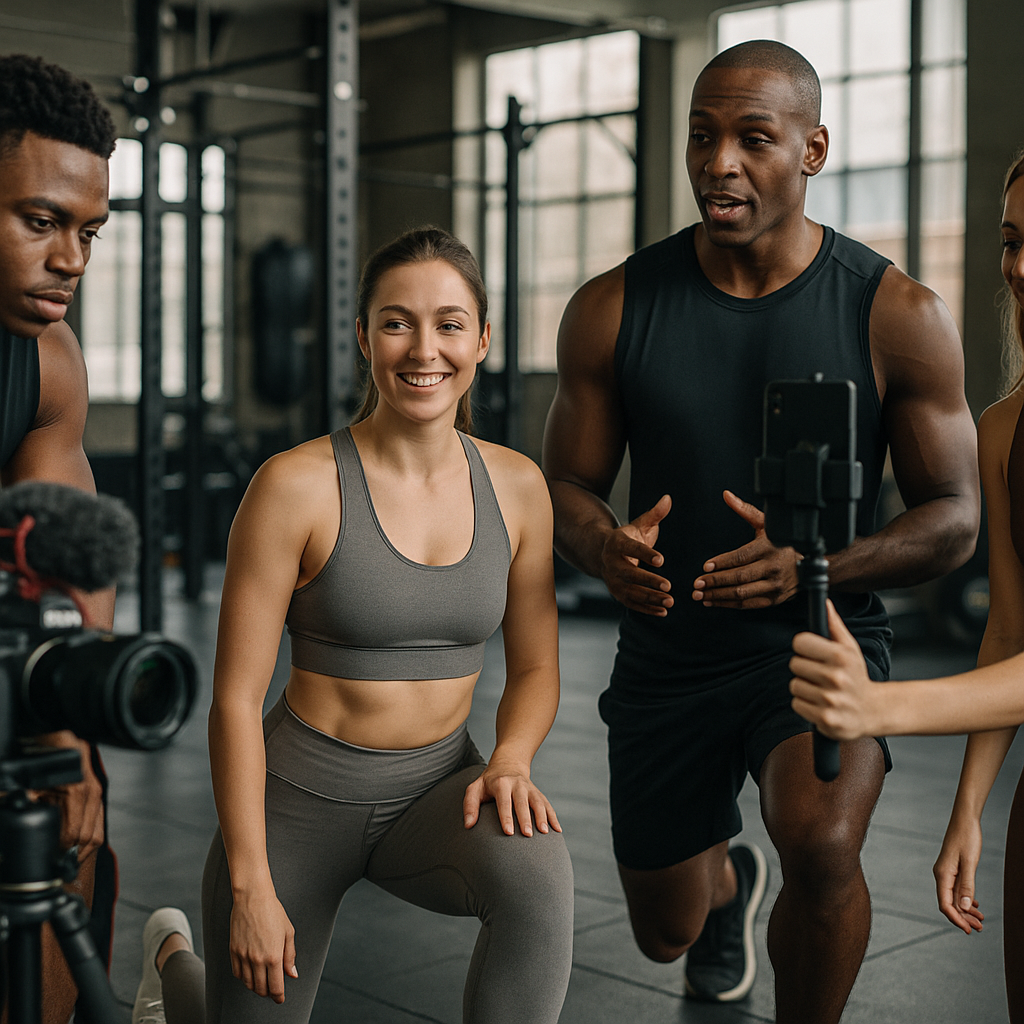 Athletes and influencers filming a workout as part of sports content partnerships in a modern gym