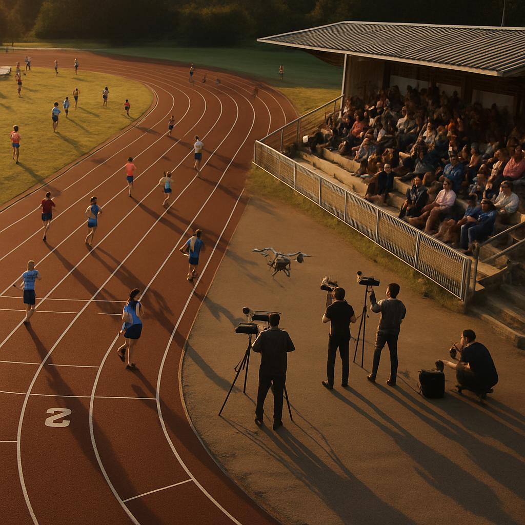 Media crew capturing a community athletics event as part of sports content partnerships at a running track