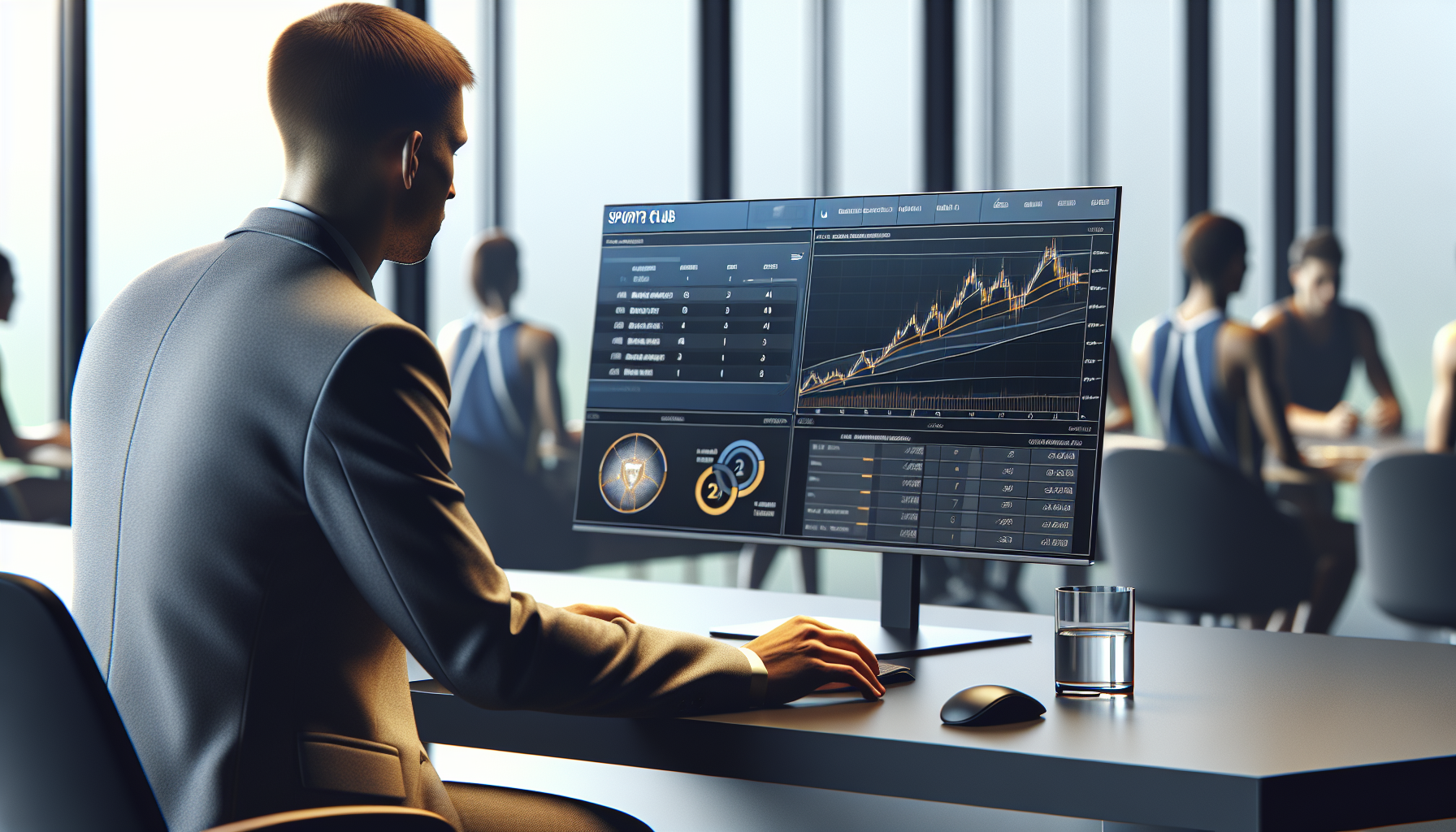 Sports club communications manager reviewing fan email communication analytics on a monitor