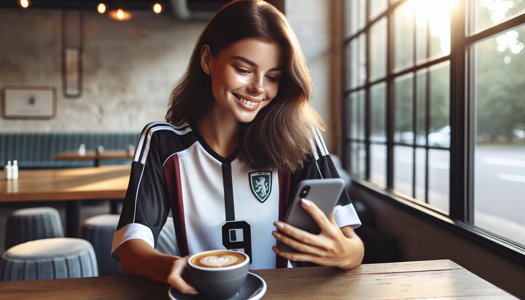 Young sports fan reading fan email communication on her smartphone in a cafe