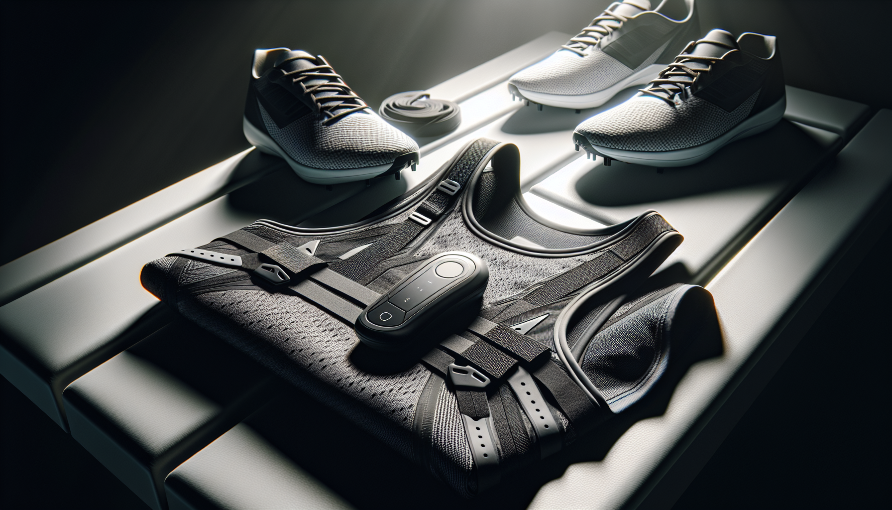 GPS tracking vest used in football data analytics laid on a changing room bench