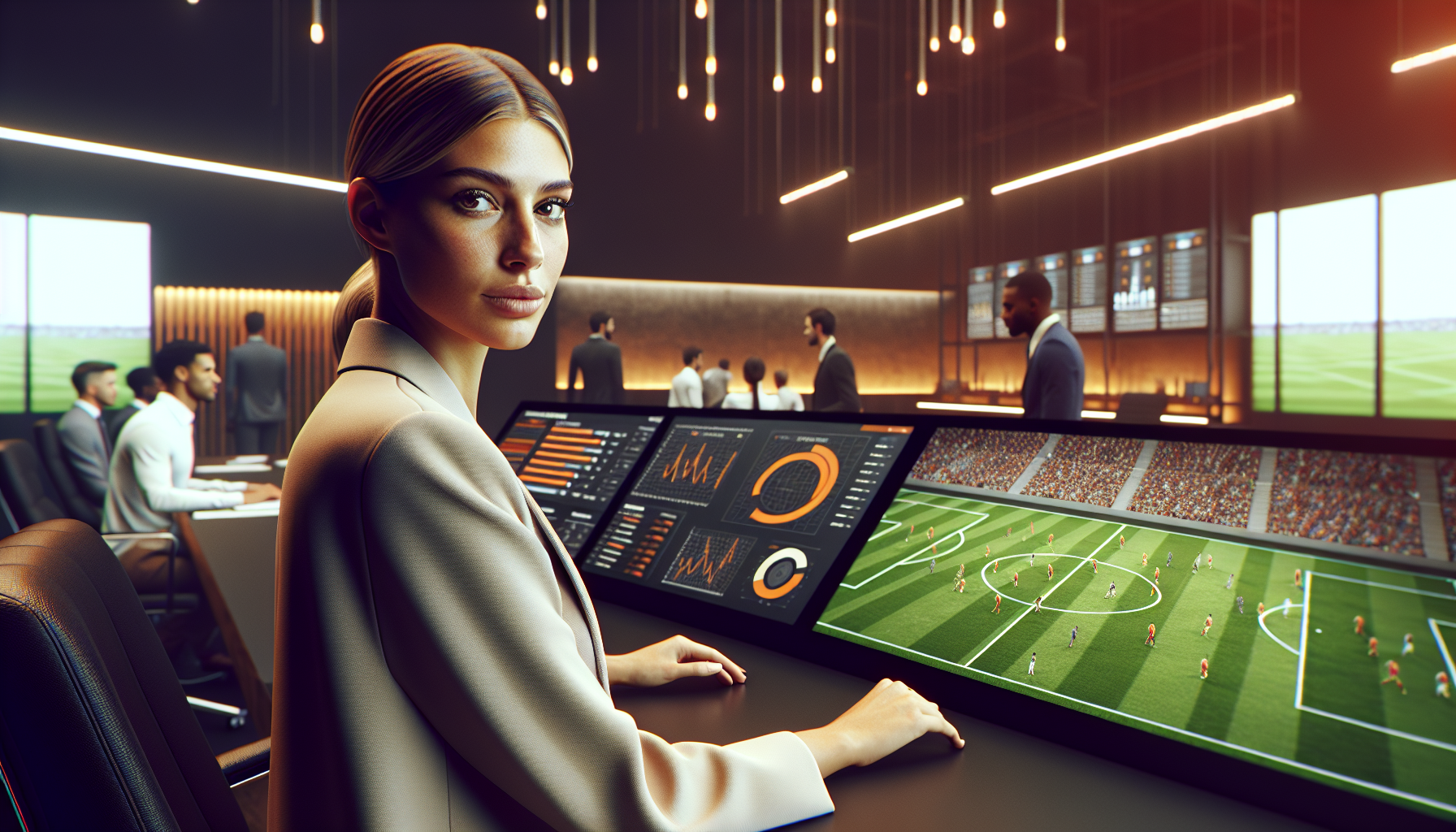 Football analyst working with football data analytics heat maps on large monitors in a sports facility