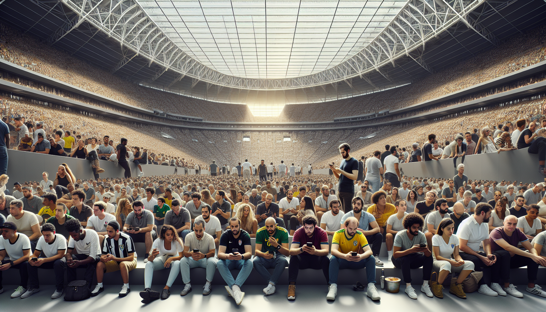 Sports fans enjoying in-seat ordering and connectivity features of smart stadium technology at a live event