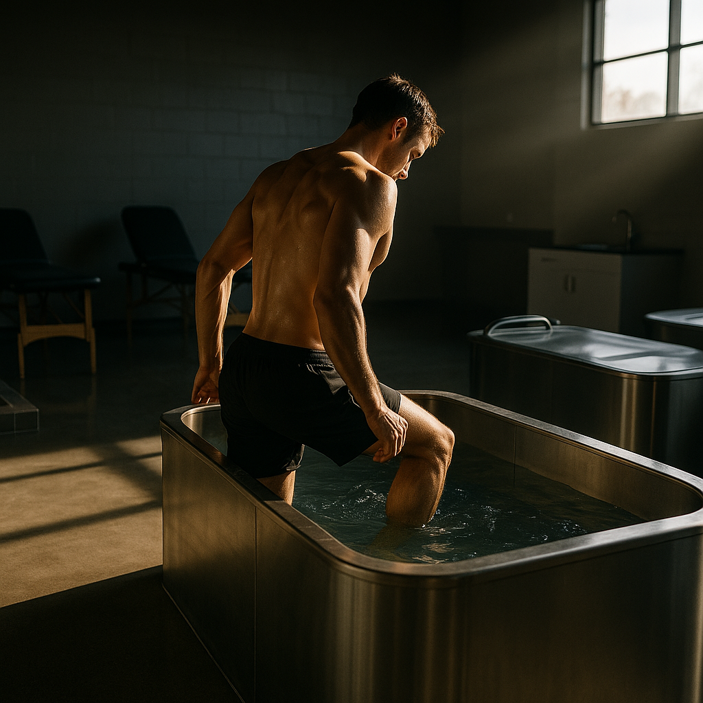 Athlete entering cold water therapy ice bath in a professional UK sports recovery facility