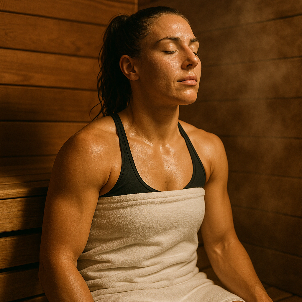 Female athlete recovering in a sauna as part of heat therapy, contrasting cold water therapy vs heat therapy athletes choose