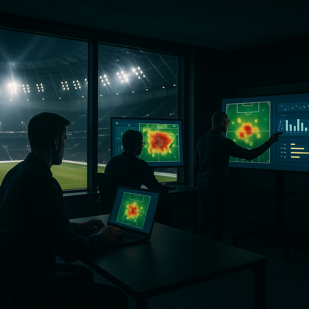 Football analysts reviewing sports data analytics performance dashboards in a modern stadium operations room