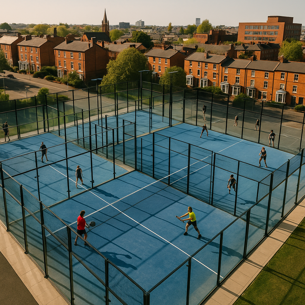 Modern padel complex with glass courts showing padel sport growth 2026 in a UK urban setting