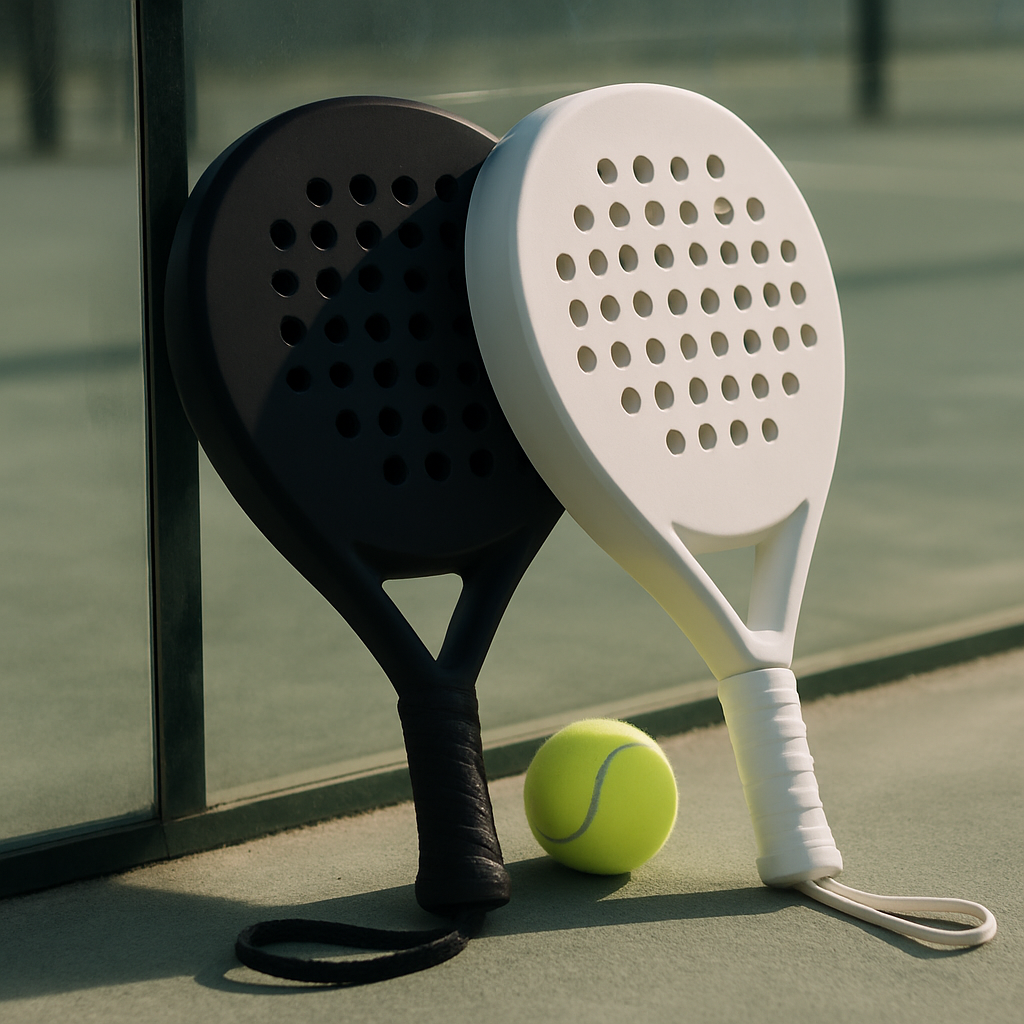 Padel rackets and ball on a glass court wall reflecting the equipment boom linked to padel sport growth