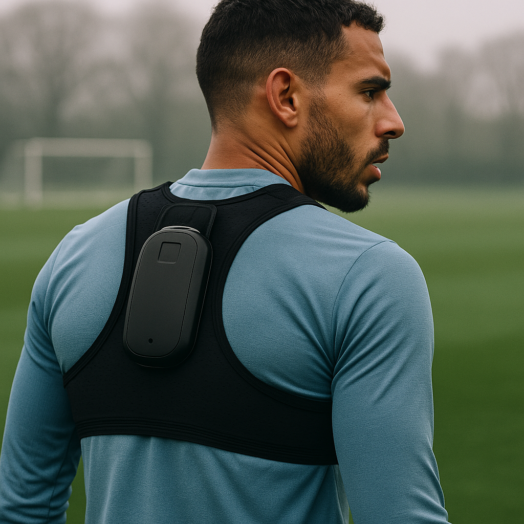 Professional footballer wearing GPS vest used for sports data analytics performance tracking during training