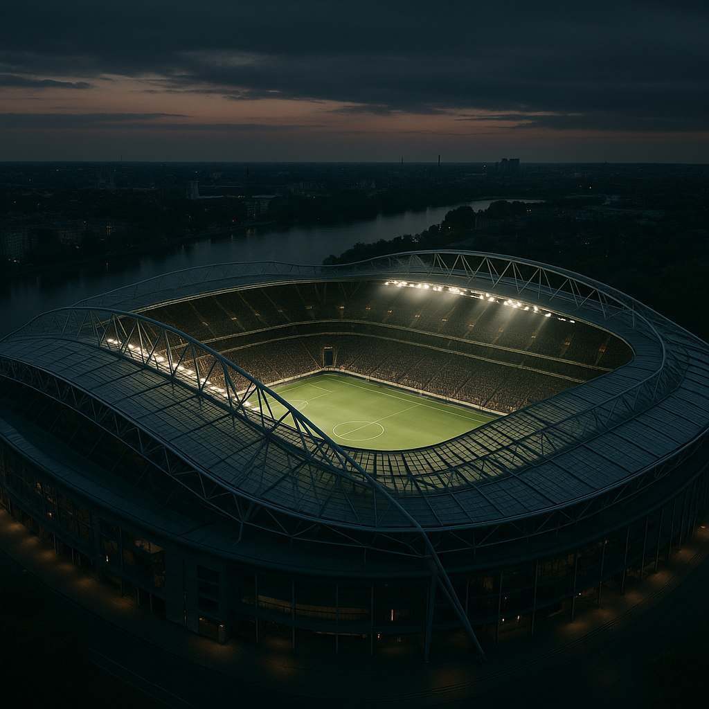 Aerial view of a futuristic sports stadium 2026 opening beside a river at dusk with illuminated roof structure