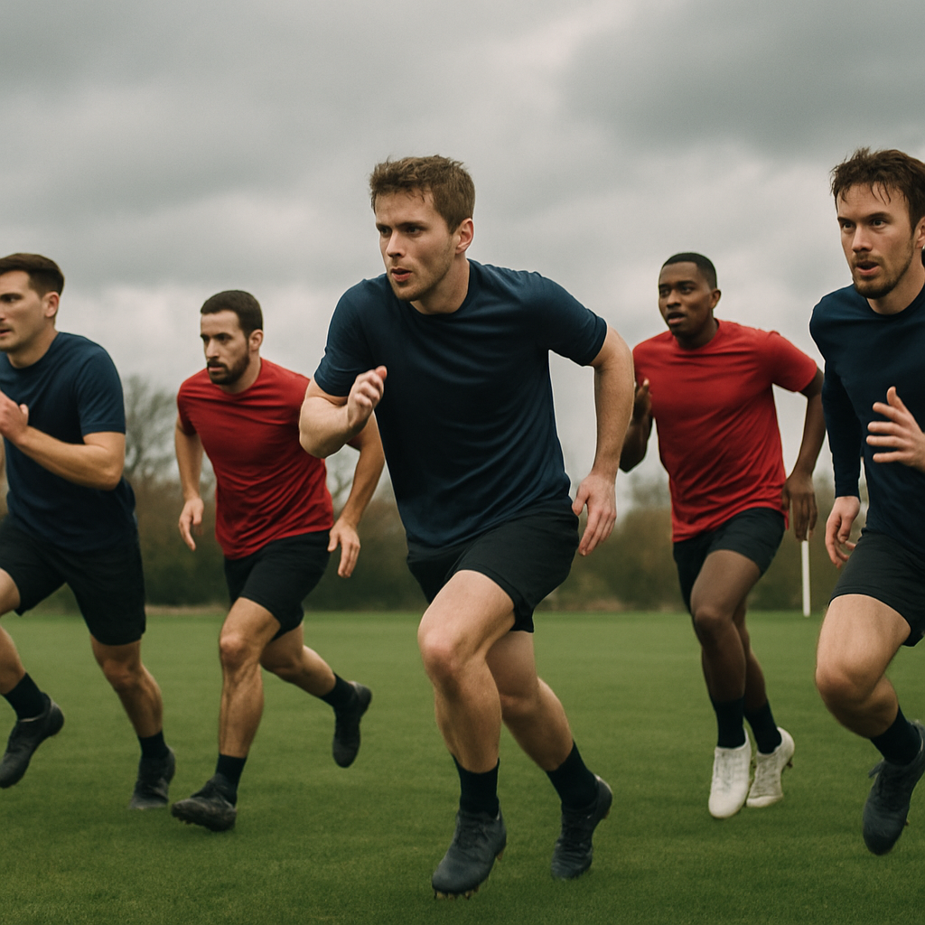 Amateur footballers training to improve VO2 max football fitness on a grass pitch