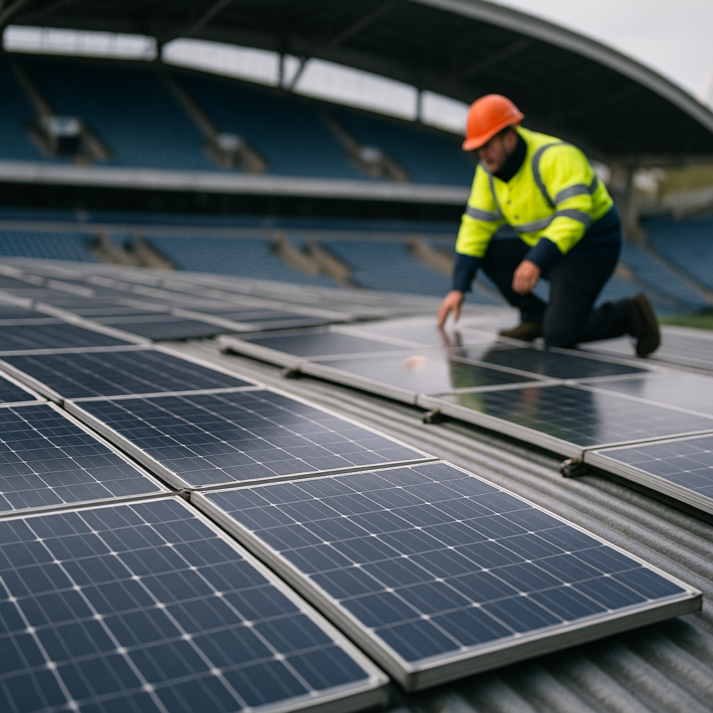 Close-up of solar panels on a UK football stadium roof representing Premier League sustainability green stadiums UK energy investment