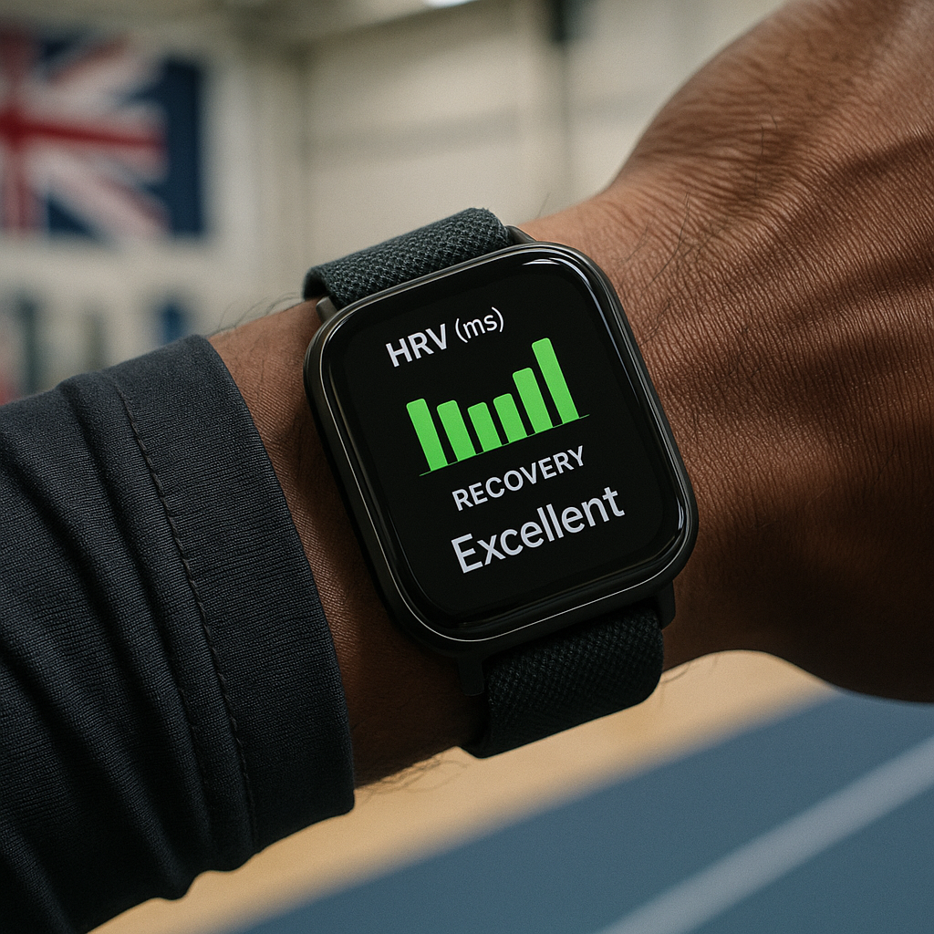 Close-up of wearable fitness tech device on athlete's wrist showing recovery metrics in 2026