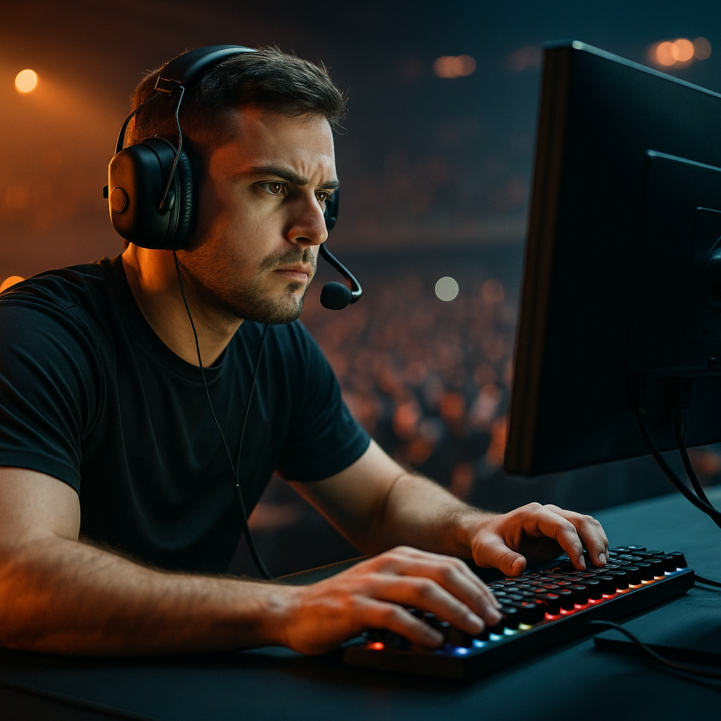 Esports player competing on stage at a purpose-built esports arena, illustrating how esports arenas vs sports stadiums 2026 differ in design