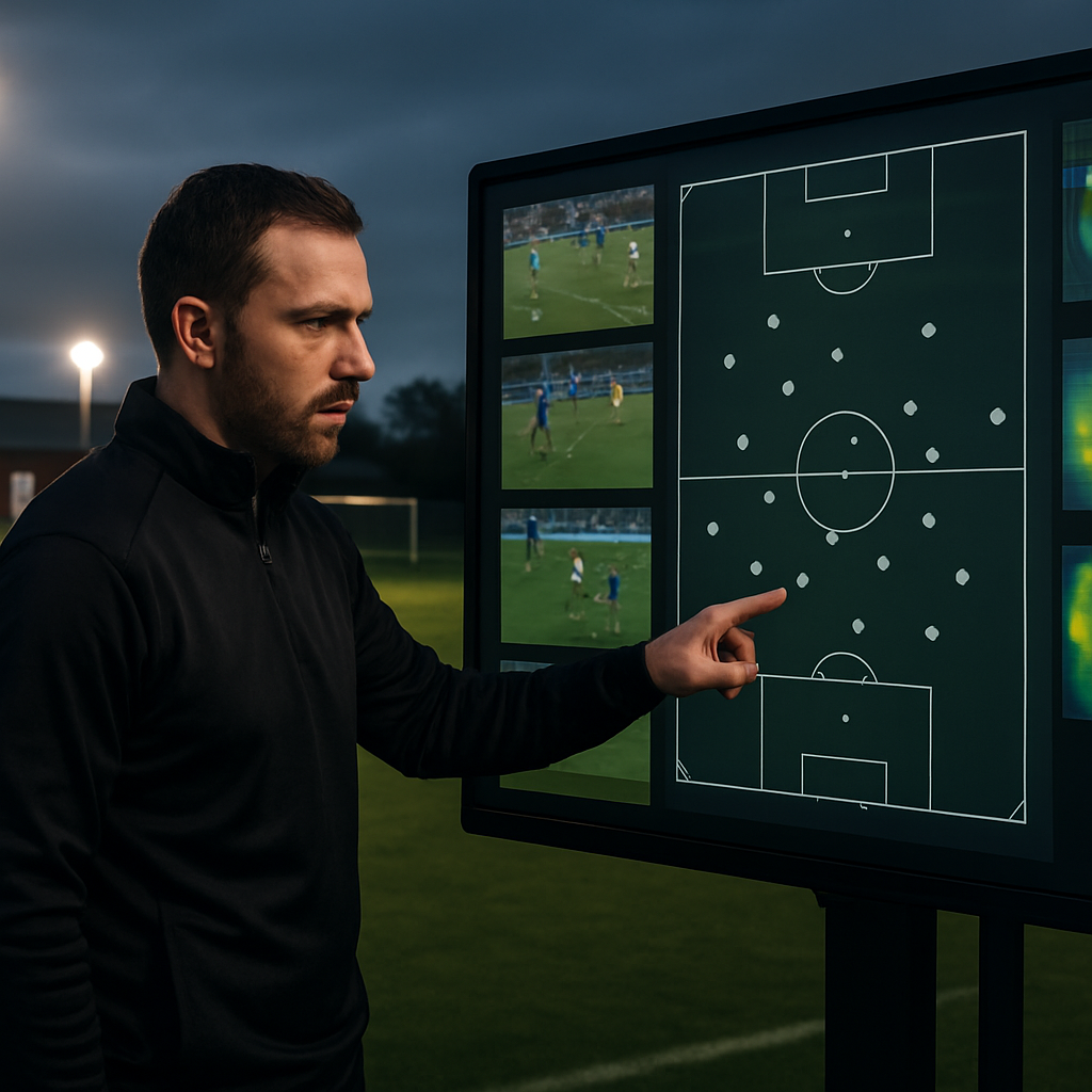 Football coach reviewing AI football coaching tools on a tactical touchscreen display at a training ground