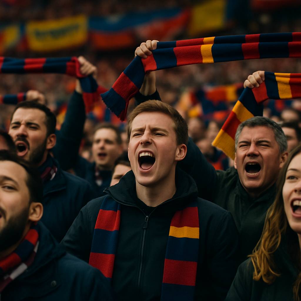 Football fans packed into a stadium stand at a UEFA Euro 2028 host cities venues match
