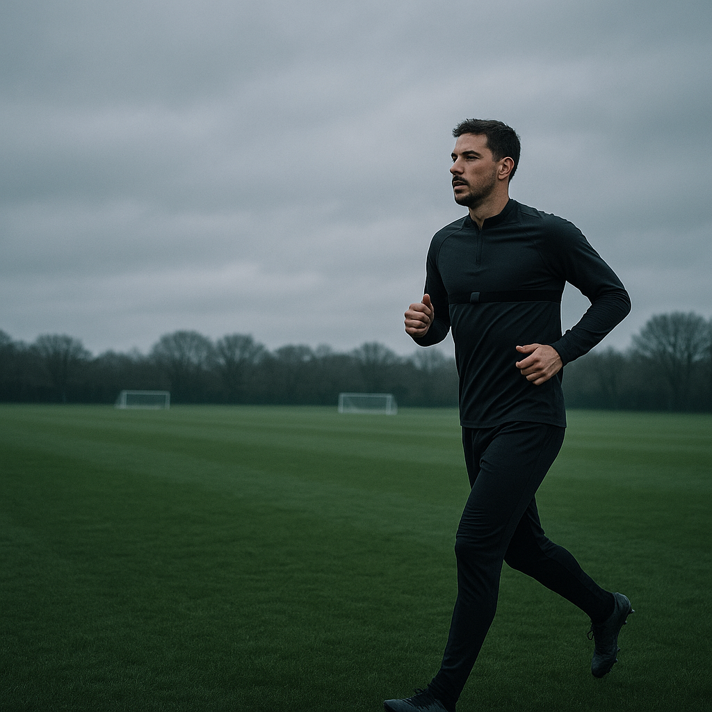 Footballer jogging at steady pace during Zone 2 training for footballers on a British grass training pitch