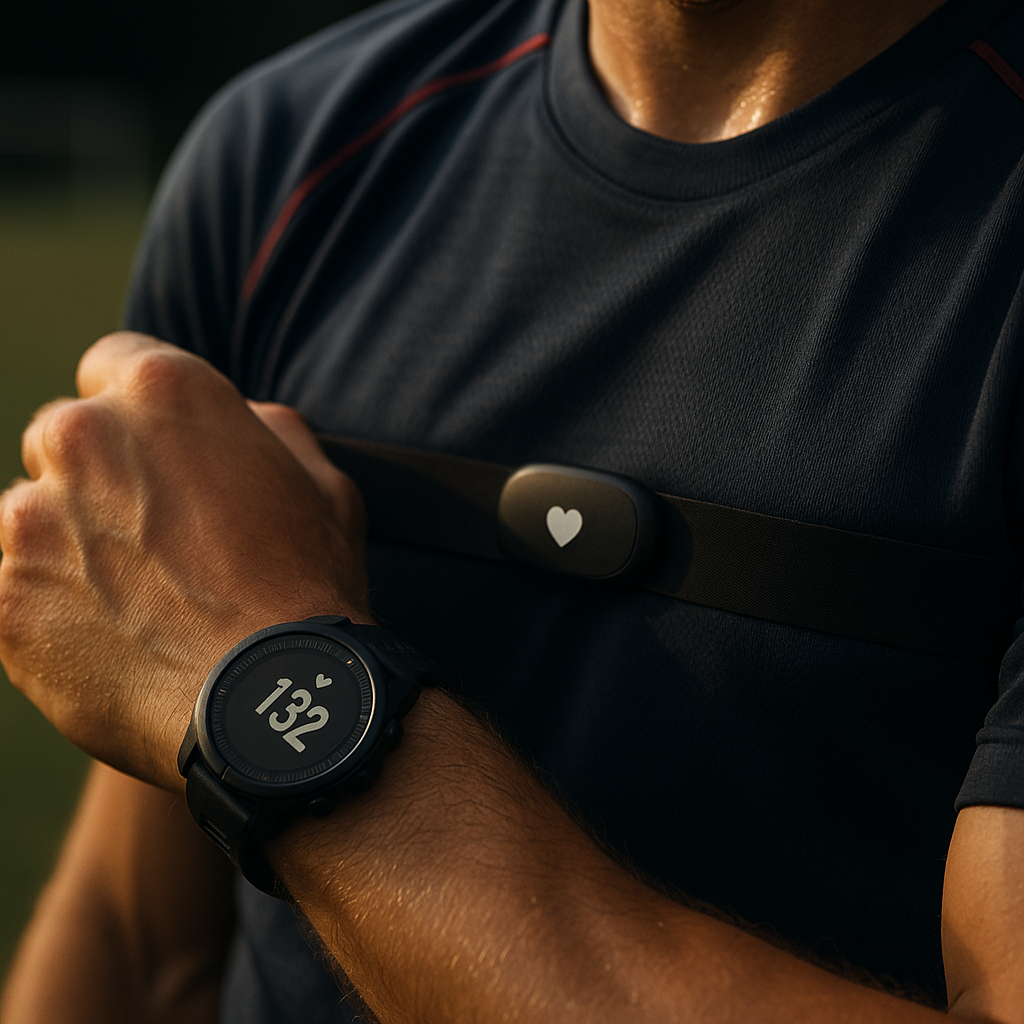 Heart rate monitor showing Zone 2 training heart rate zone during a footballer's conditioning session