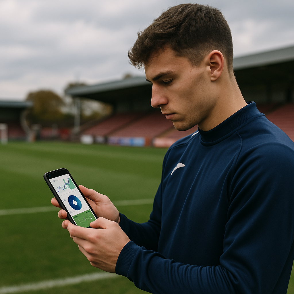 Player reviewing smart football boots tracking data on a mobile app at training