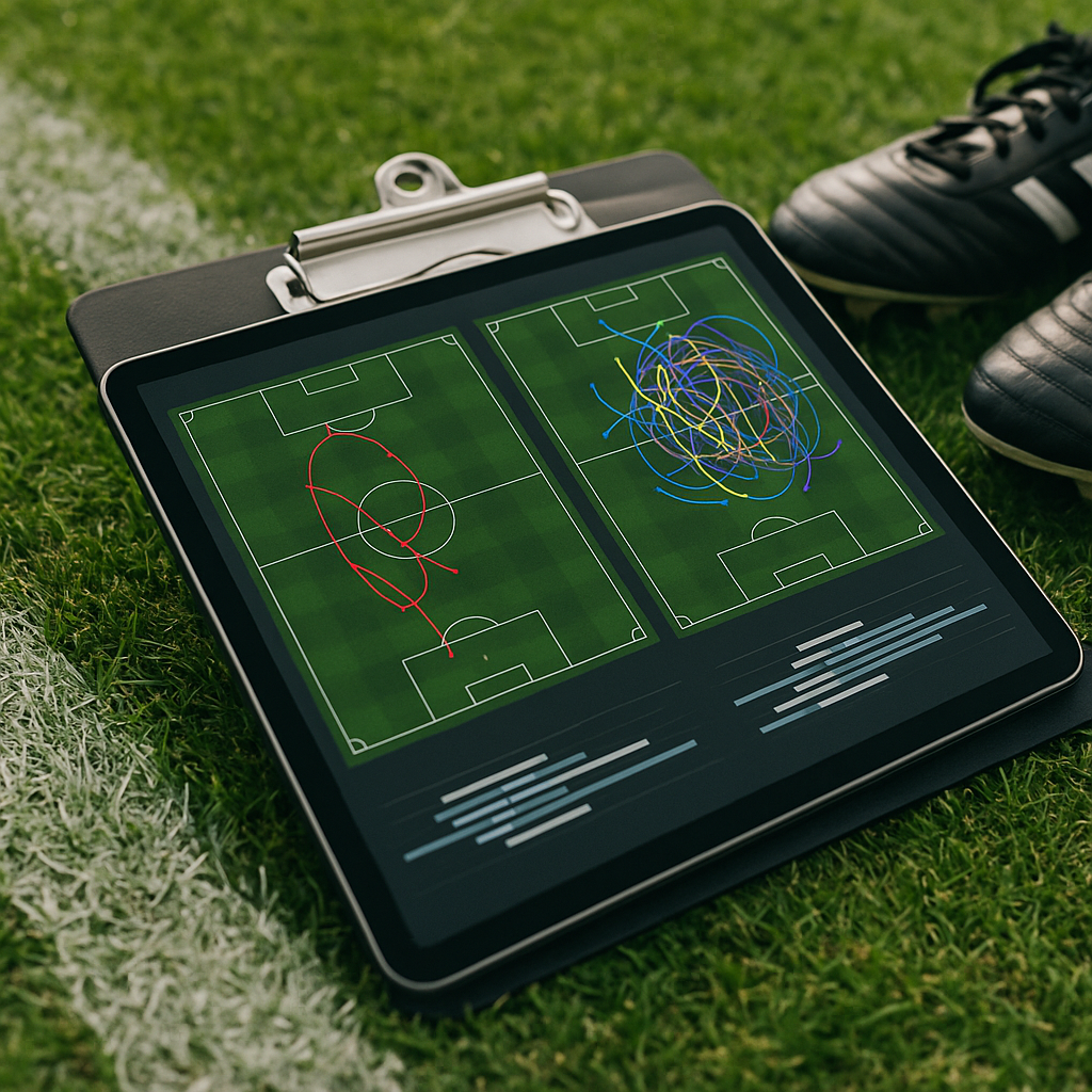 Tablet displaying AI football coaching tools data including GPS tracking and sprint stats on a UK pitch sideline