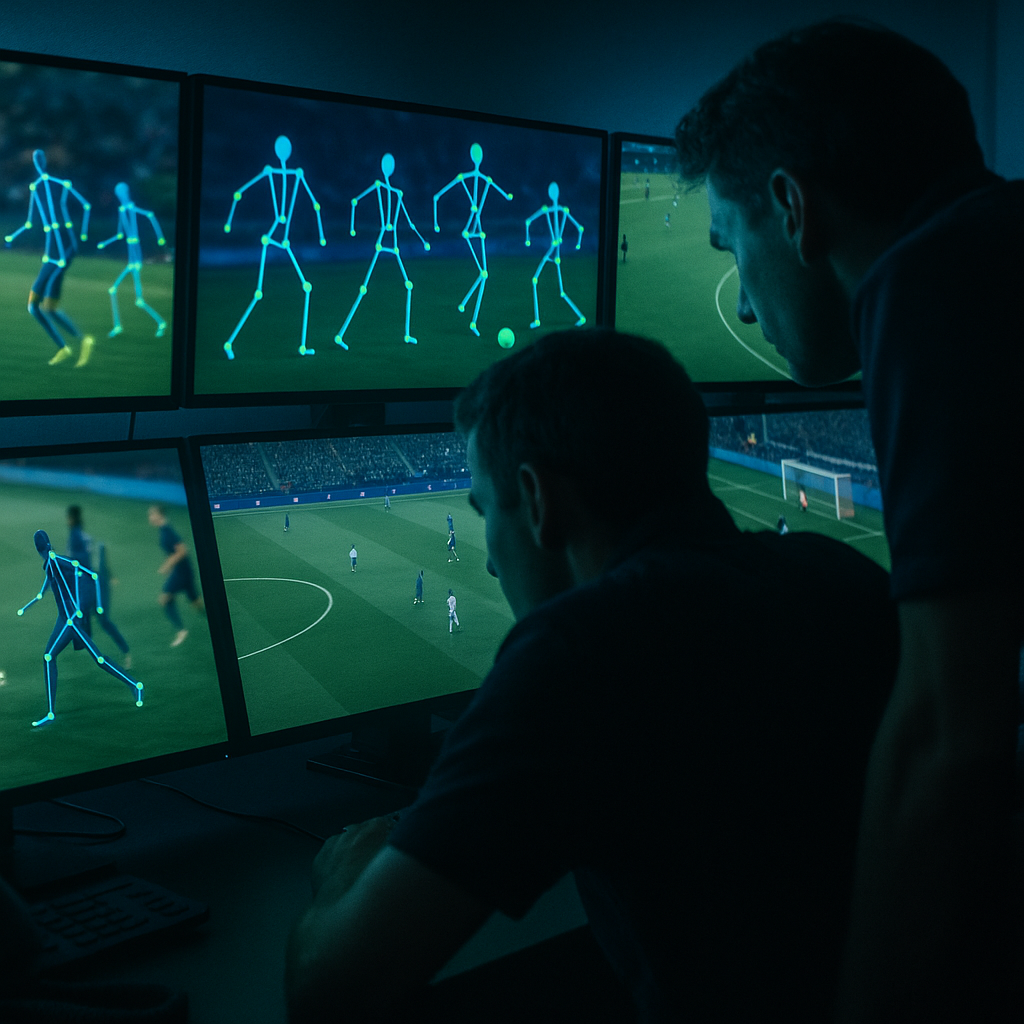 VAR technology football 2026 review room with 3D tracking monitors and officiating team analysing an incident