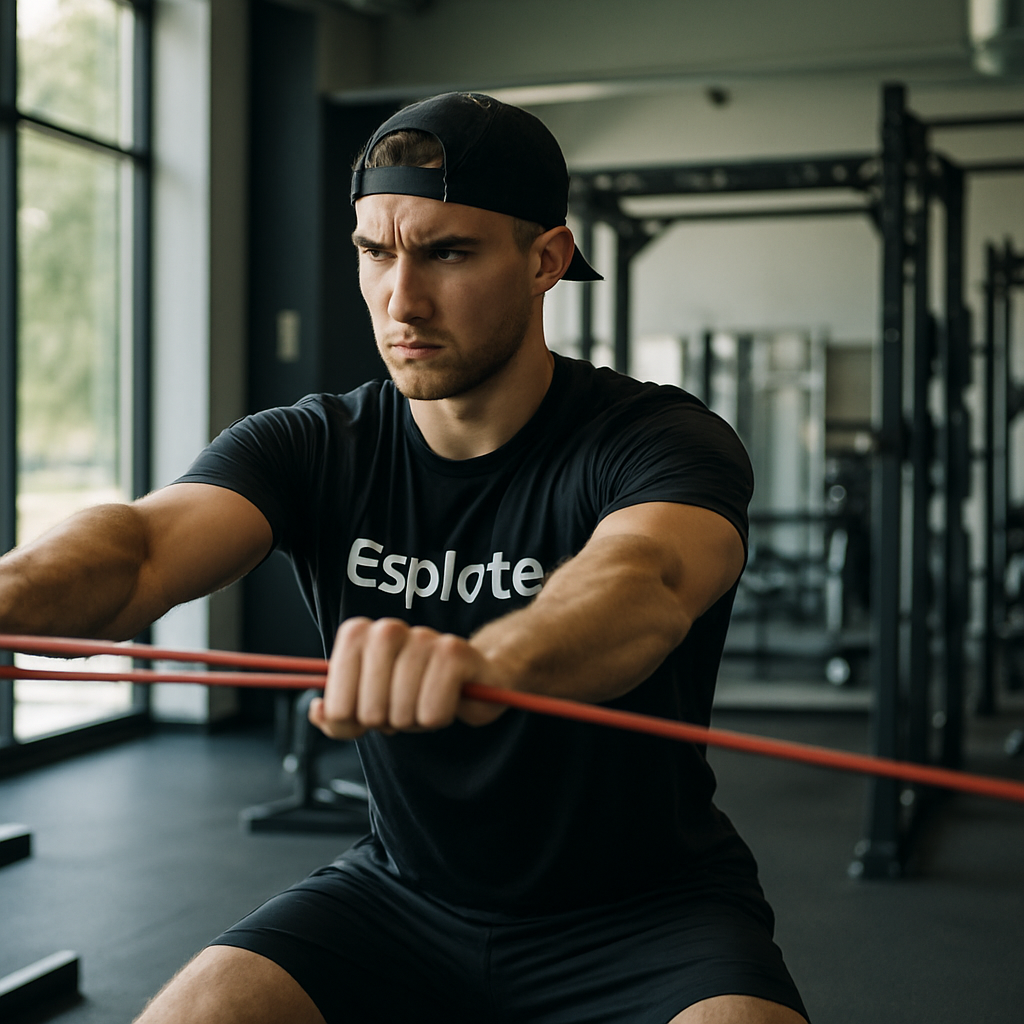 Esports athlete fitness training with resistance band in a professional sports gym facility
