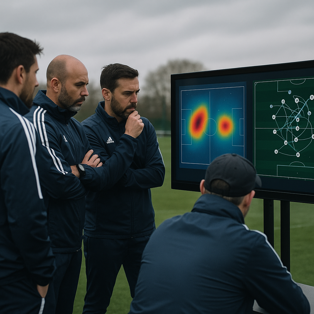 Football coaching staff reviewing AI coaching tools football tactical data on a large touchscreen display