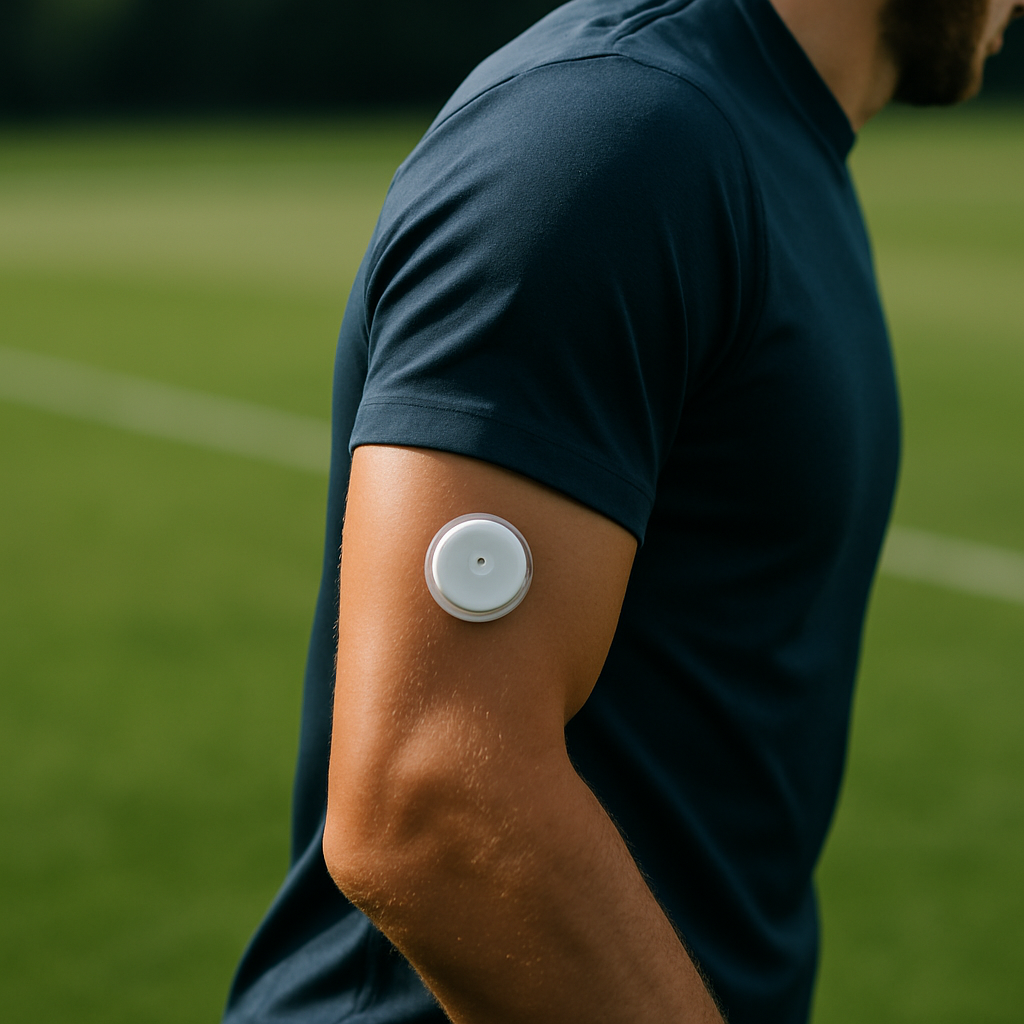 Football player wearing a continuous glucose monitor as part of sports nutrition technology programme