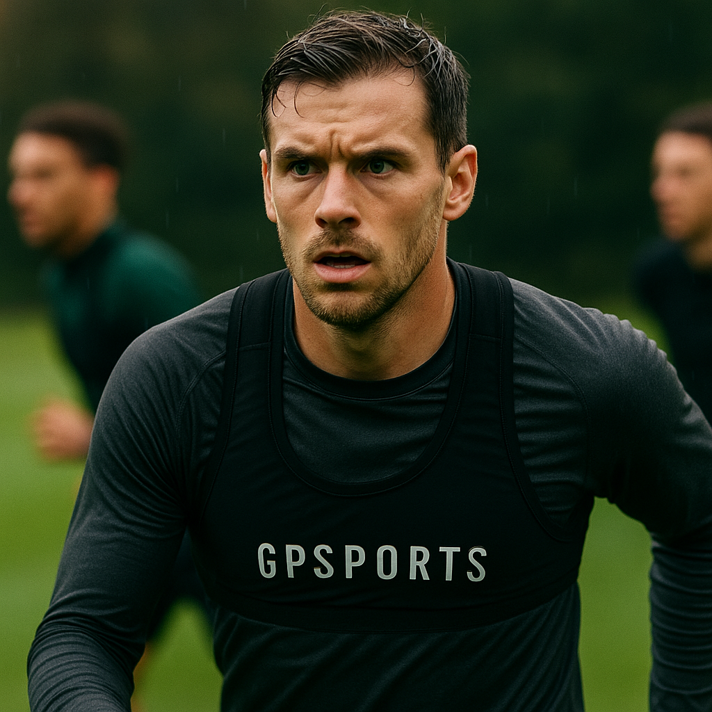 Footballer wearing GPS tracking vest used with AI coaching tools football player development systems
