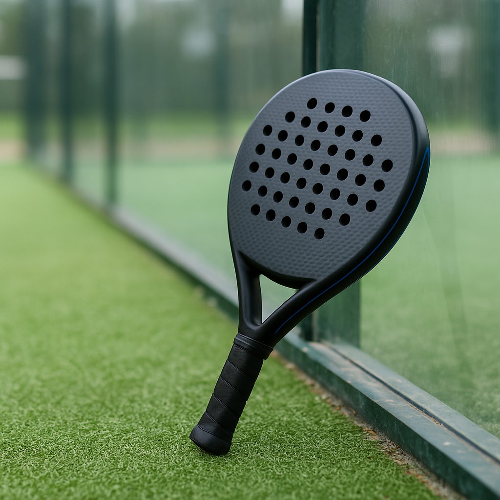 Padel racket against glass court wall illustrating the equipment behind padel sport growth in the UK