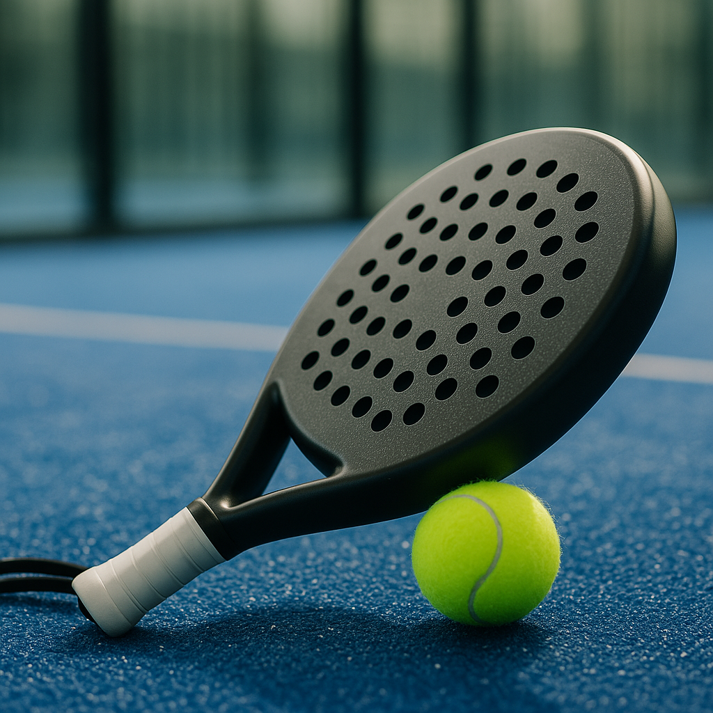 Padel tennis paddle and ball on a UK court surface highlighting the sport's equipment and fastest growing sport status