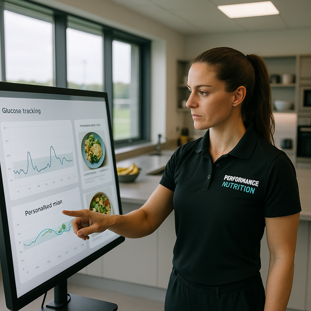 Performance nutritionist reviewing sports nutrition technology data at a Premier League training ground