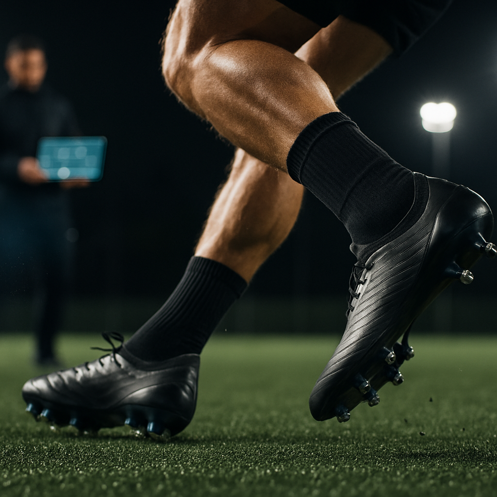 Player wearing smart football boots 2026 during a high-intensity training sprint session
