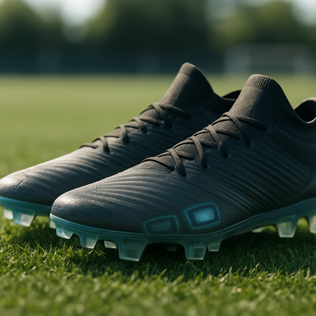 Smart football boots 2026 with embedded sensor technology resting on a professional training pitch