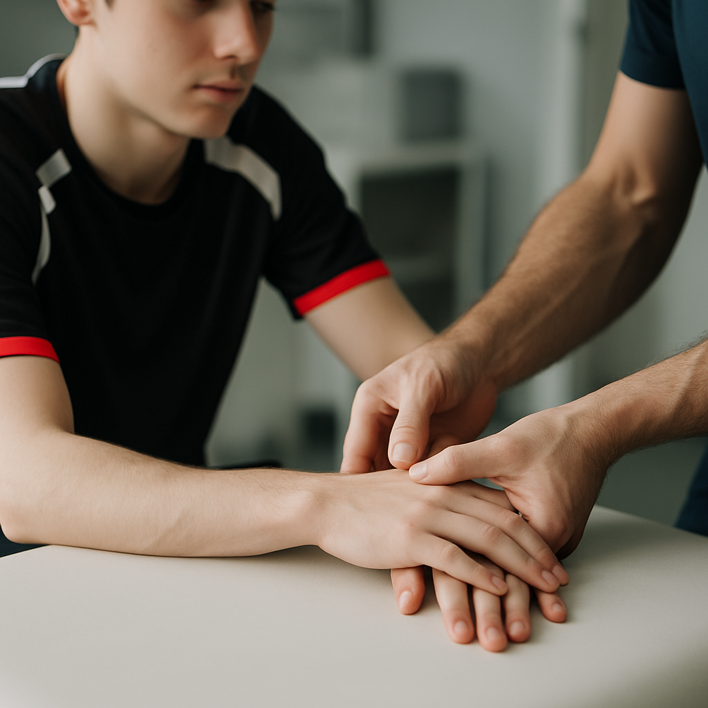 Sports physiotherapist assessing esports athlete fitness and hand health in a UK clinic