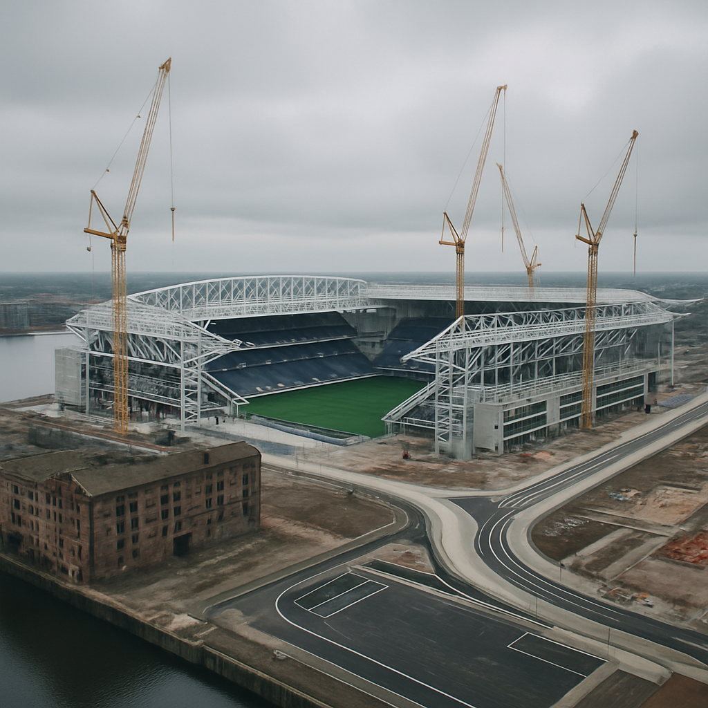 Aerial view of a UK stadium regeneration project 2026 under construction at a waterfront docklands site