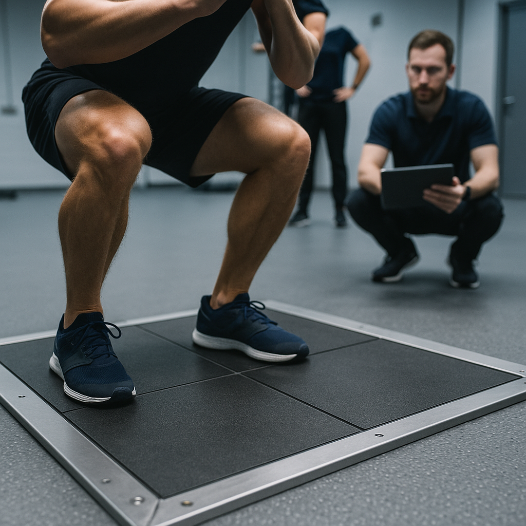 Athlete using force plate equipment at a UK high-performance training centre during a sports science session