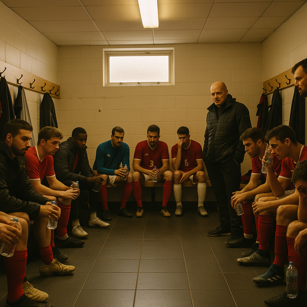 Football team at half-time in a dressing room illustrating half-time recovery sports science