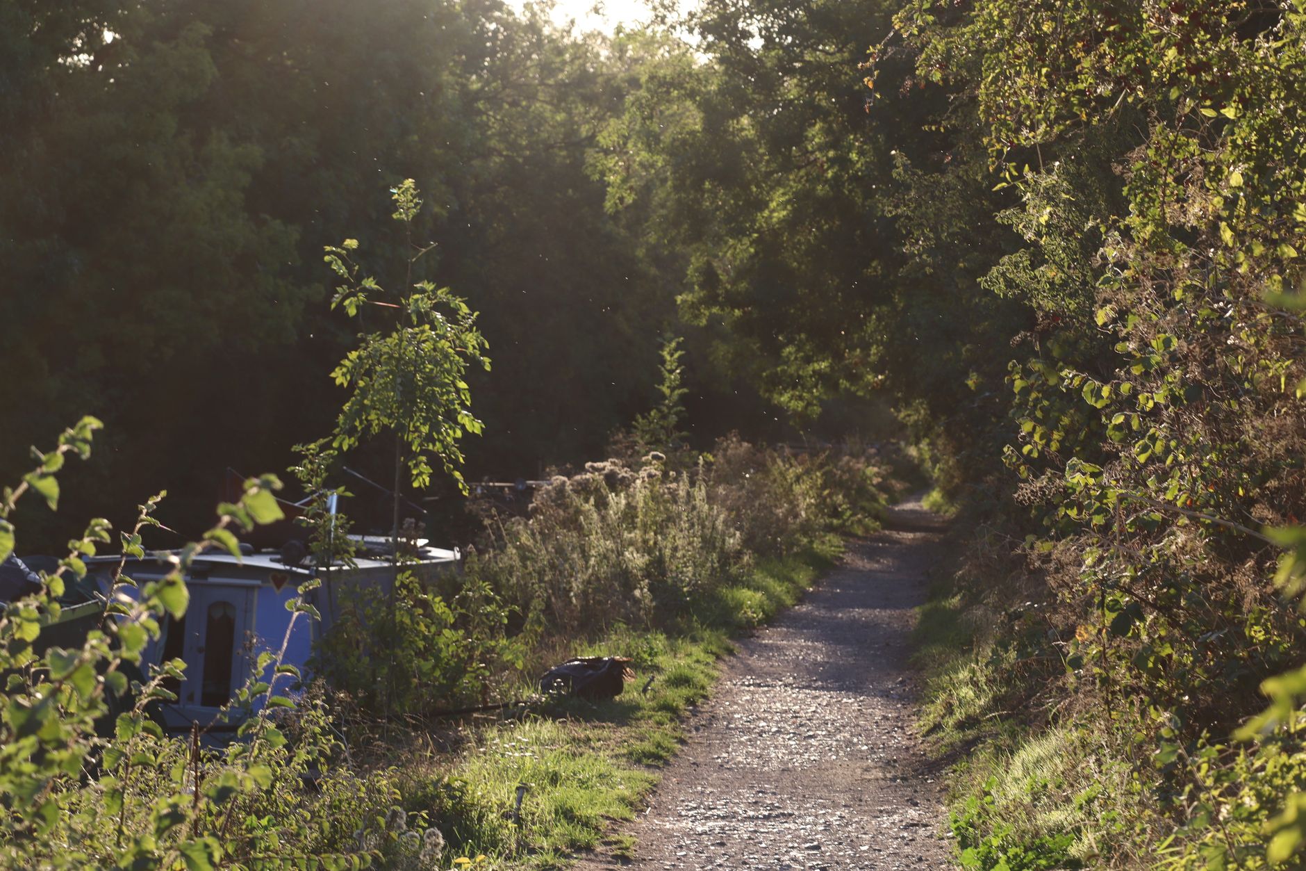 Narrowboat moored on a British canal towpath — active recovery travel for UK athletes